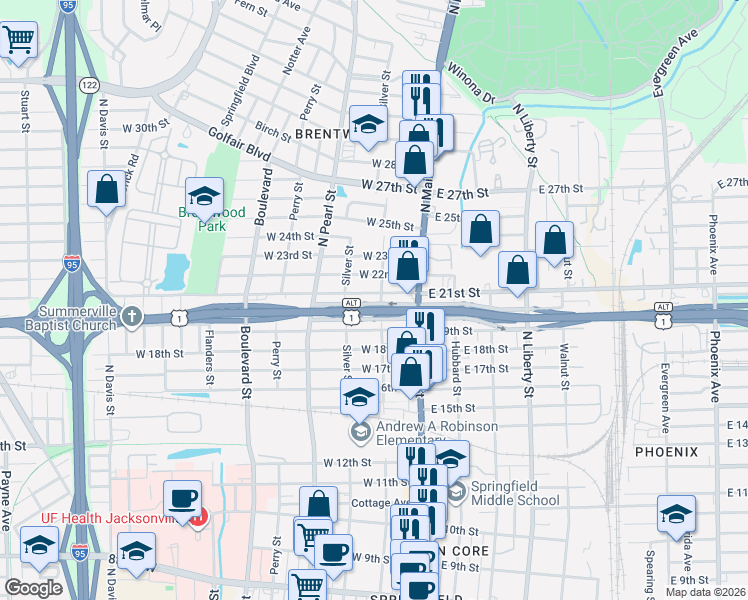 map of restaurants, bars, coffee shops, grocery stores, and more near 98 West 21st Street in Jacksonville