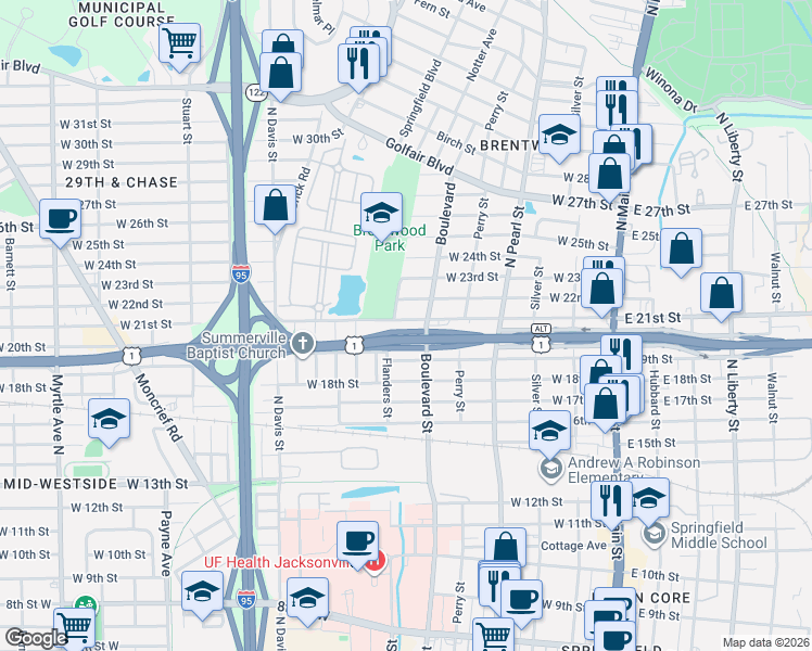 map of restaurants, bars, coffee shops, grocery stores, and more near 500 West 21st Street in Jacksonville