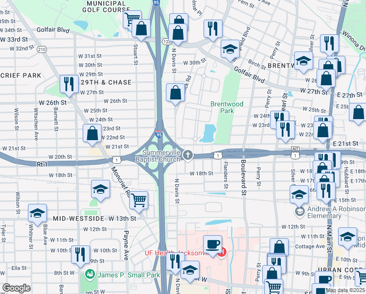 map of restaurants, bars, coffee shops, grocery stores, and more near in Jacksonville