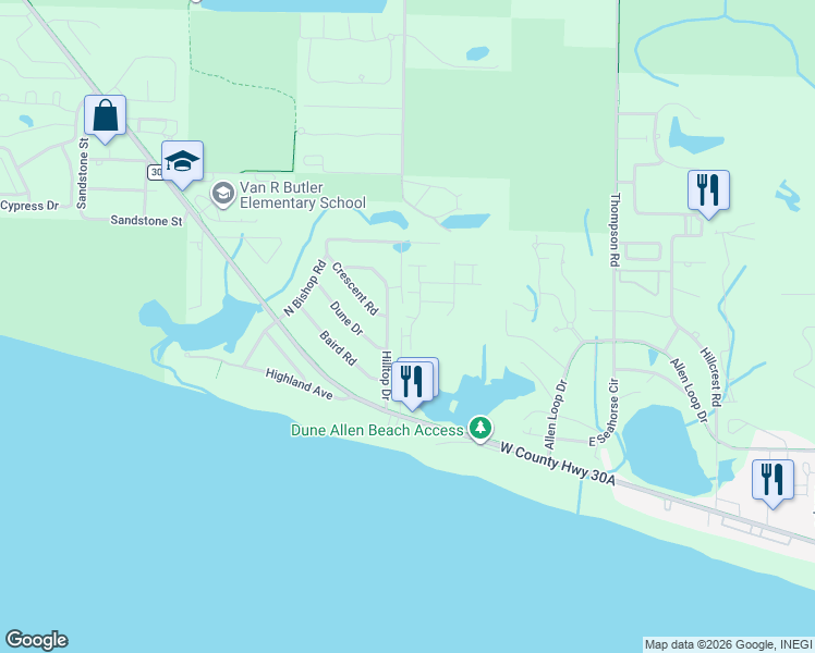 map of restaurants, bars, coffee shops, grocery stores, and more near 19 Clear Lane in Santa Rosa Beach