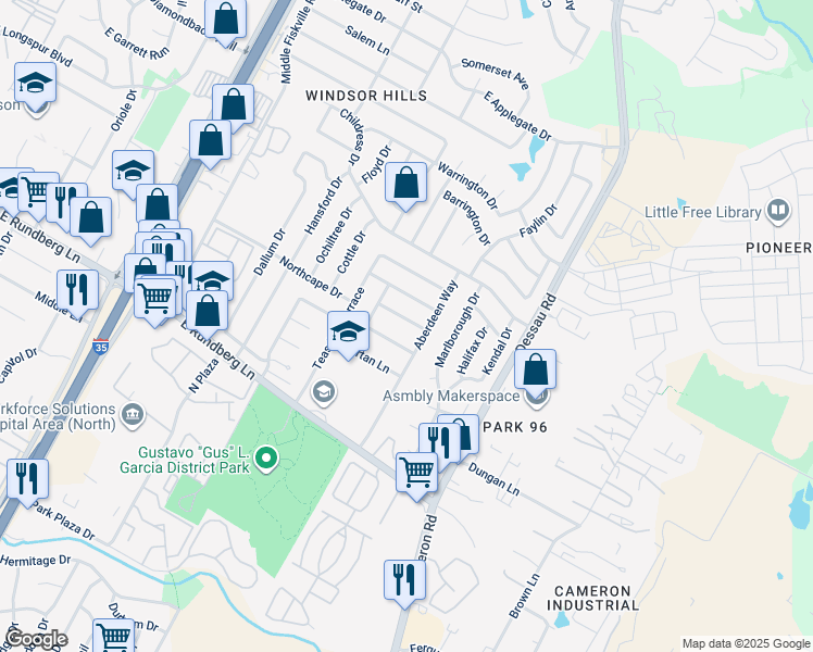 map of restaurants, bars, coffee shops, grocery stores, and more near 1210 Dobie Drive in Austin