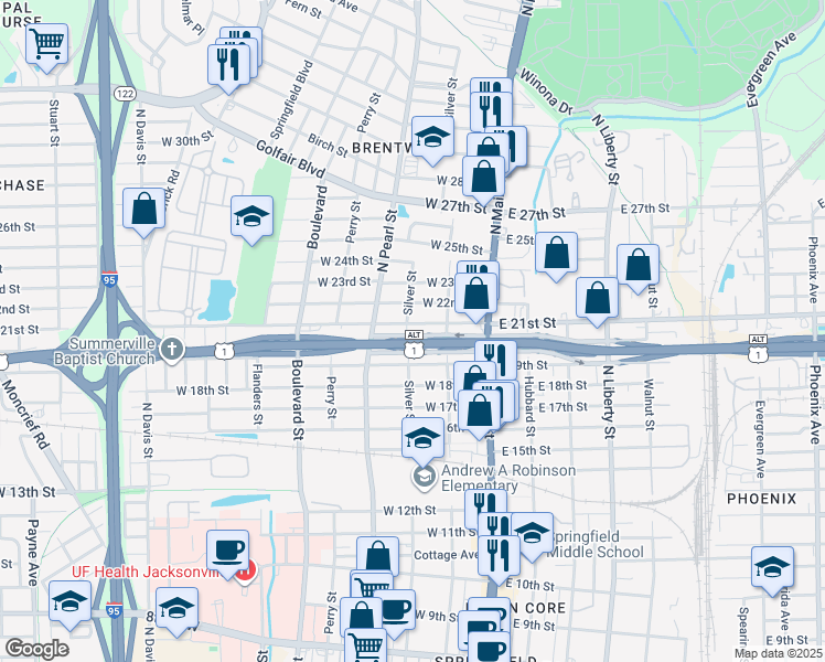 map of restaurants, bars, coffee shops, grocery stores, and more near 3021 Silver Street in Jacksonville