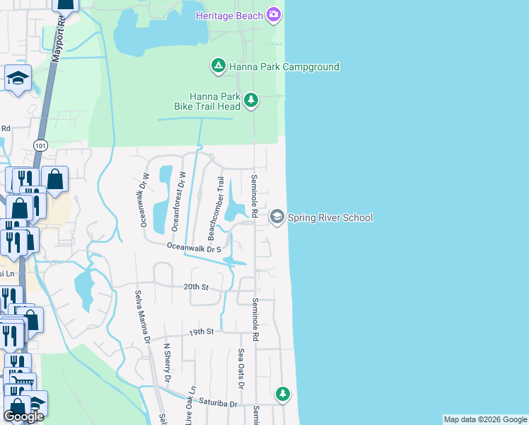 map of restaurants, bars, coffee shops, grocery stores, and more near 53 Oceanside Drive in Atlantic Beach