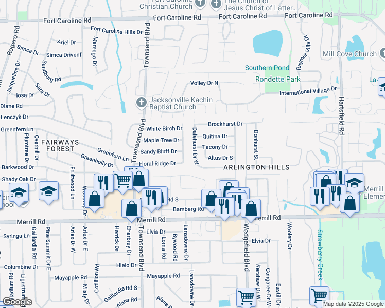 map of restaurants, bars, coffee shops, grocery stores, and more near 3039 Dalehurst Drive West in Jacksonville