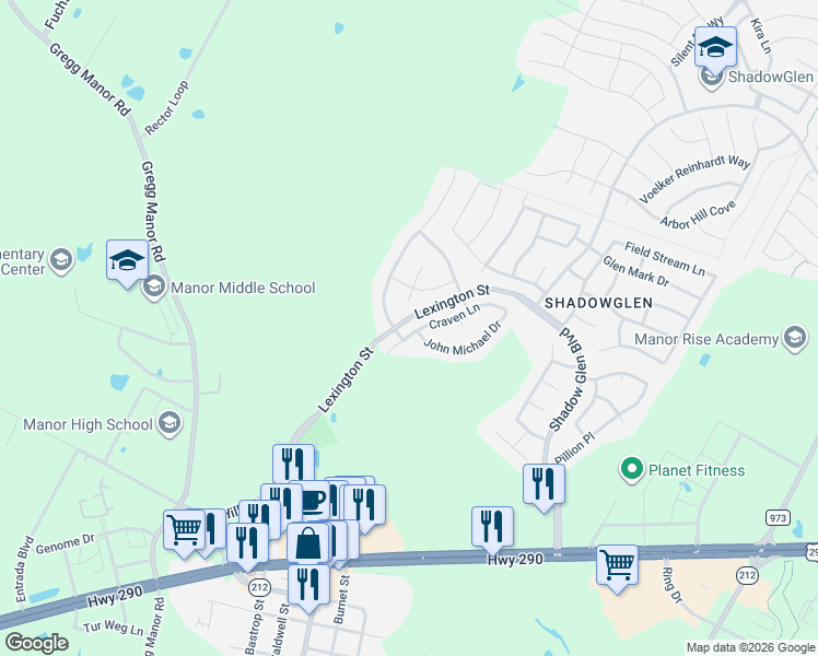 map of restaurants, bars, coffee shops, grocery stores, and more near 13116 Craven Lane in Manor