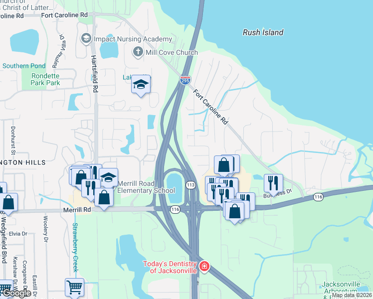 map of restaurants, bars, coffee shops, grocery stores, and more near 9102 Caroline Ridge Lane North in Jacksonville