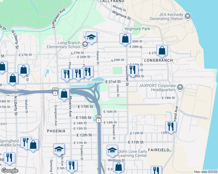 map of restaurants, bars, coffee shops, grocery stores, and more near 3011 Bennett Street in Jacksonville