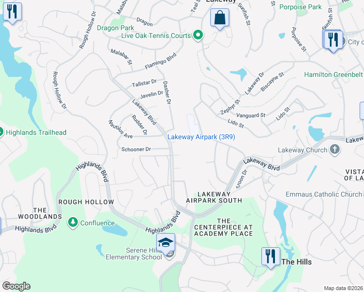 map of restaurants, bars, coffee shops, grocery stores, and more near 106 Snipe Court in Lakeway