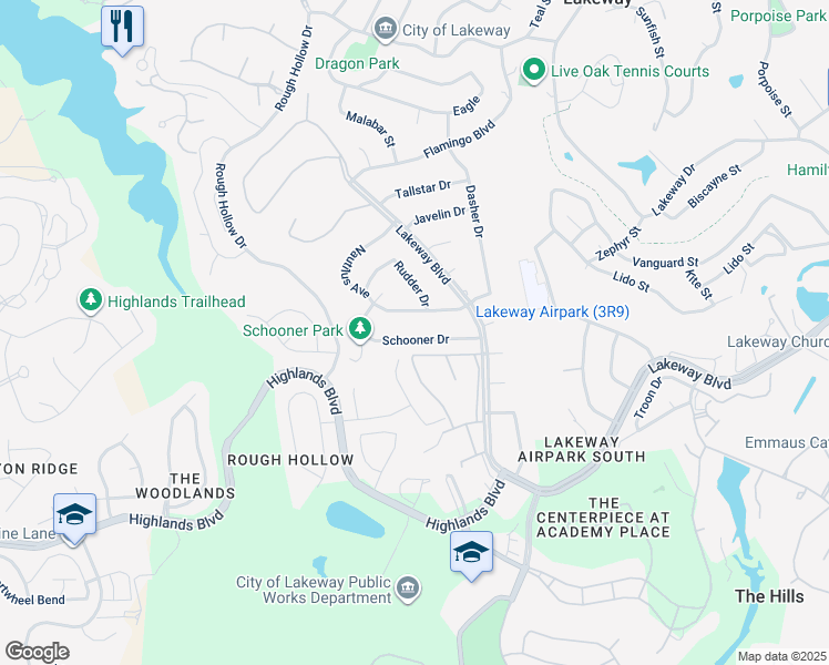 map of restaurants, bars, coffee shops, grocery stores, and more near 114 Schooner Drive in Lakeway