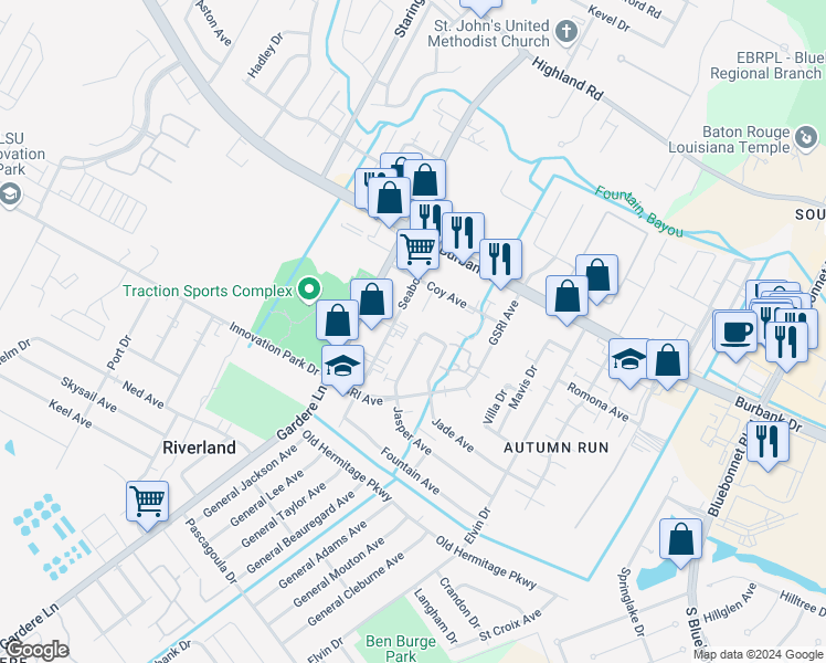 map of restaurants, bars, coffee shops, grocery stores, and more near 1322 Jasper Avenue in Baton Rouge