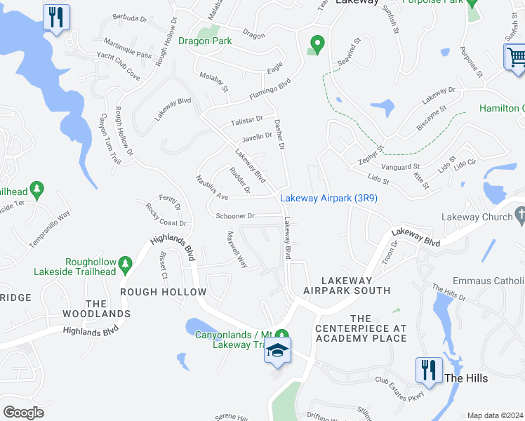 map of restaurants, bars, coffee shops, grocery stores, and more near 106 Schooner Drive in Austin