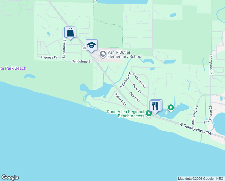 map of restaurants, bars, coffee shops, grocery stores, and more near 40 South Bishop Road in Santa Rosa Beach