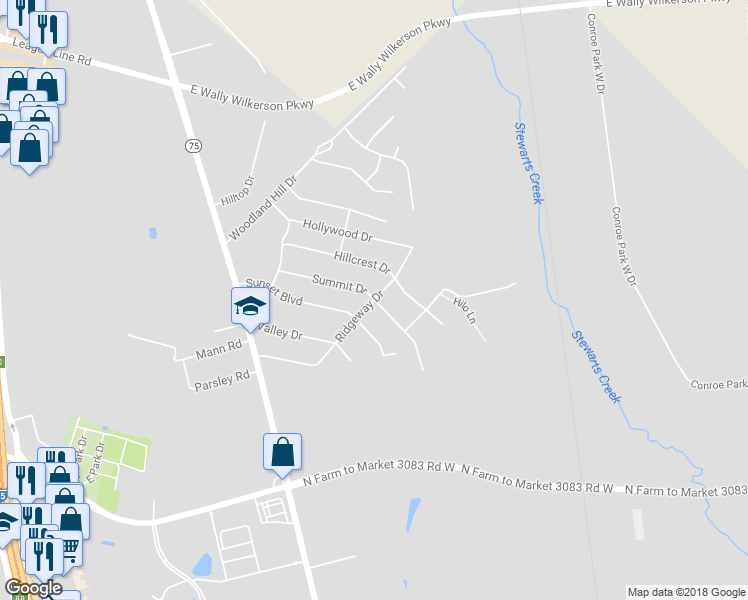map of restaurants, bars, coffee shops, grocery stores, and more near 900 Ridgeway Drive in Conroe