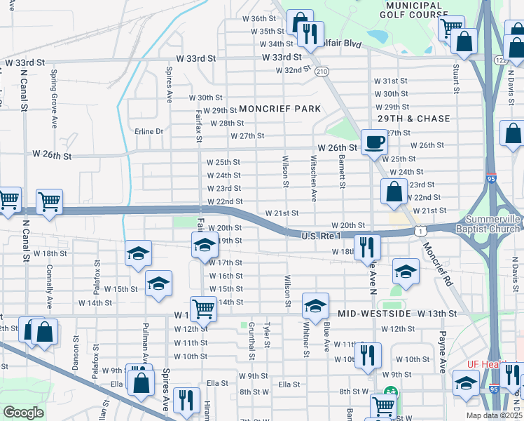 map of restaurants, bars, coffee shops, grocery stores, and more near 1586 West 22nd Street in Jacksonville