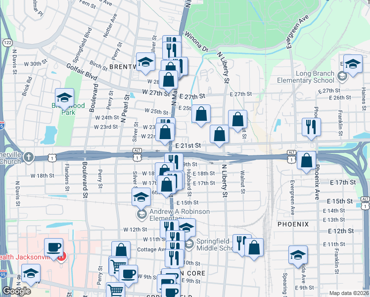 map of restaurants, bars, coffee shops, grocery stores, and more near 3018 Hubbard Street in Jacksonville