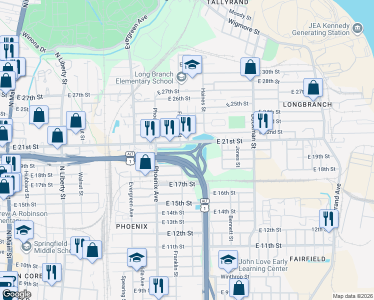 map of restaurants, bars, coffee shops, grocery stores, and more near 1218 Jennings Street in Jacksonville
