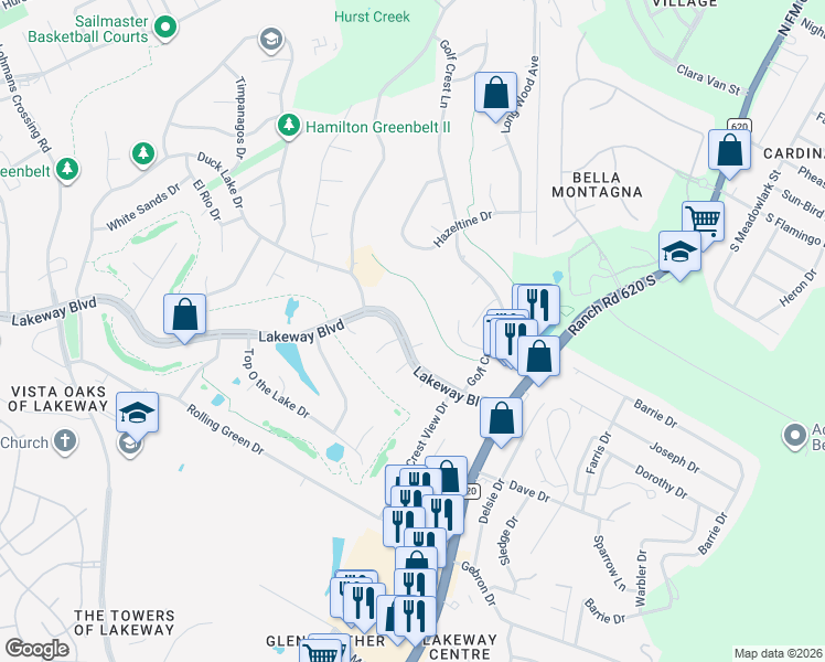 map of restaurants, bars, coffee shops, grocery stores, and more near 1704 Lakeway Boulevard in Lakeway