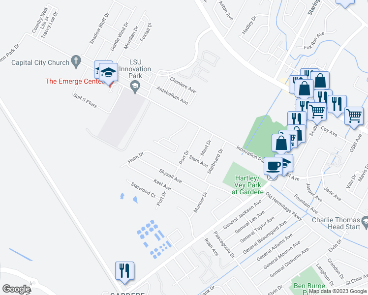 map of restaurants, bars, coffee shops, grocery stores, and more near 1758 Port Drive in Baton Rouge