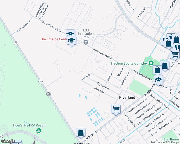map of restaurants, bars, coffee shops, grocery stores, and more near 1920 Helm Drive in Baton Rouge