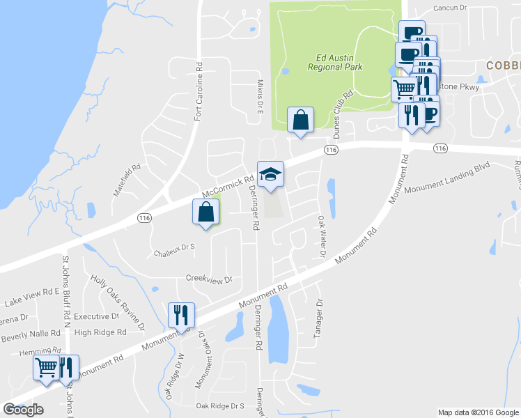map of restaurants, bars, coffee shops, grocery stores, and more near 2035 Derringer Road in Jacksonville