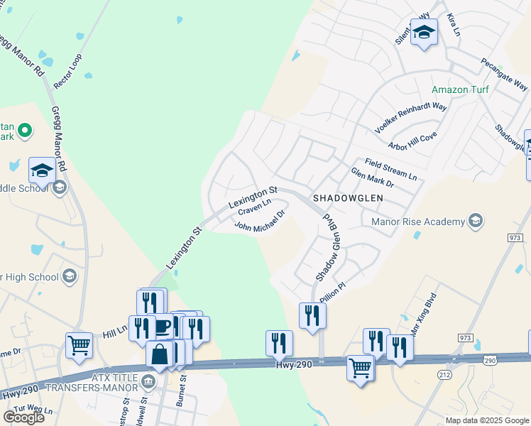 map of restaurants, bars, coffee shops, grocery stores, and more near 16905 Jonse Court in Manor