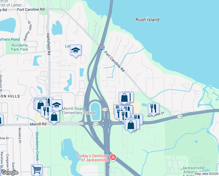 map of restaurants, bars, coffee shops, grocery stores, and more near 9144 Caroline Ridge Lane East in Jacksonville