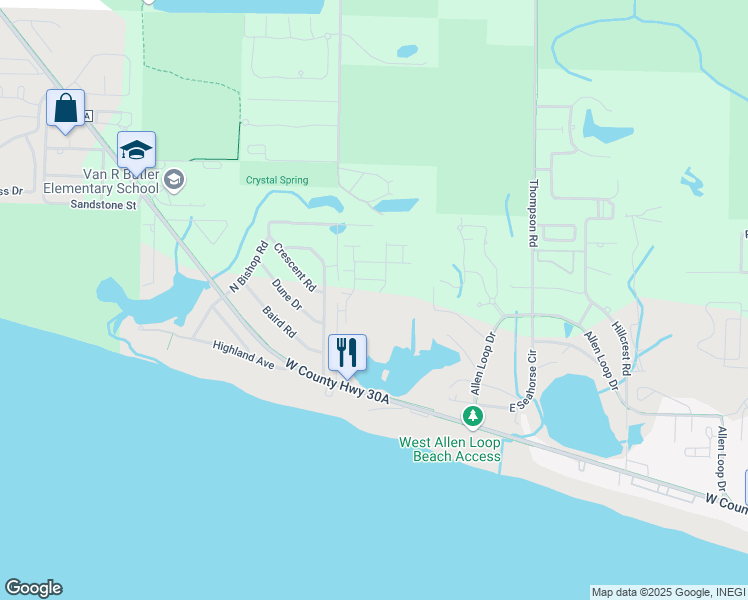 map of restaurants, bars, coffee shops, grocery stores, and more near 10 Old Winston Circle in Santa Rosa Beach