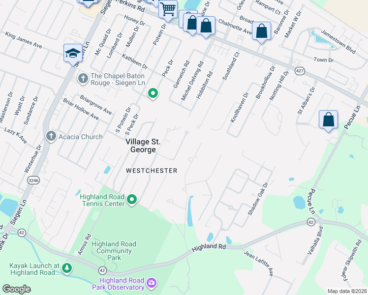 map of restaurants, bars, coffee shops, grocery stores, and more near 714 Highland Knoll Court in Baton Rouge