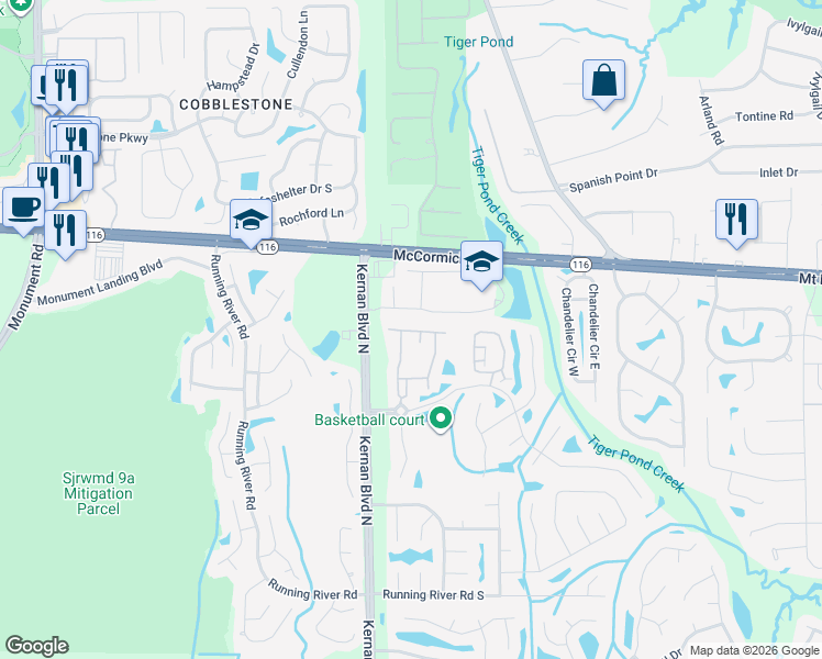 map of restaurants, bars, coffee shops, grocery stores, and more near 12301 Kernan Forest Boulevard in Jacksonville