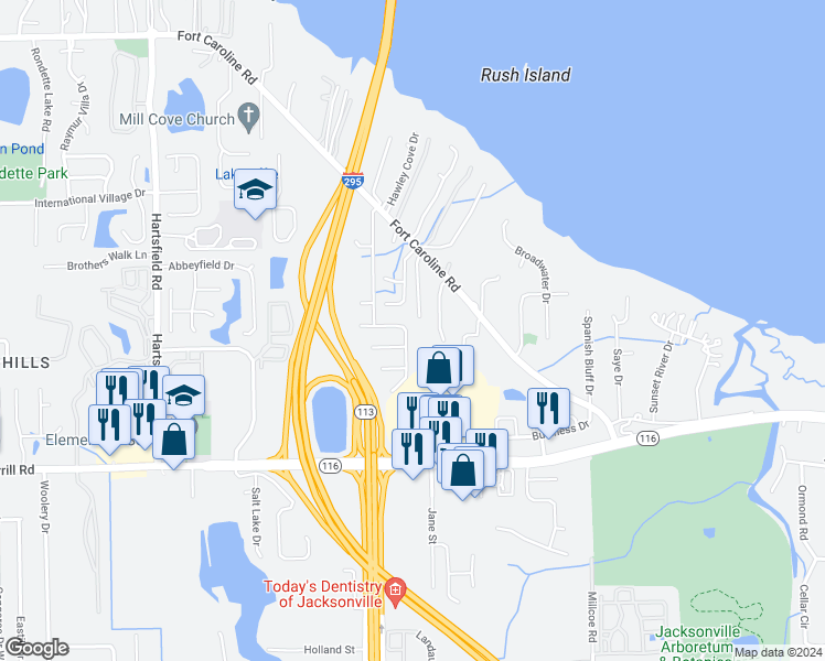 map of restaurants, bars, coffee shops, grocery stores, and more near 3459 Caroline Ridge Lane East in Jacksonville