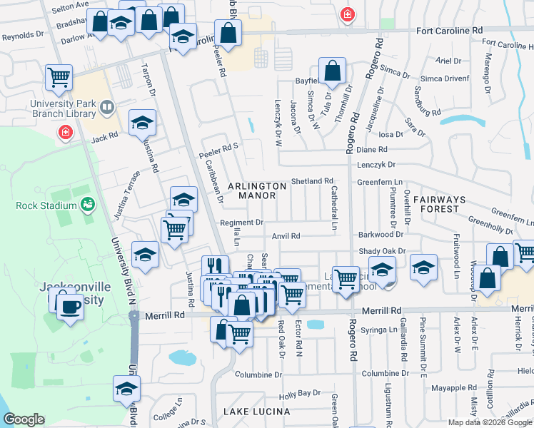 map of restaurants, bars, coffee shops, grocery stores, and more near 3139 Red Oak Drive in Jacksonville