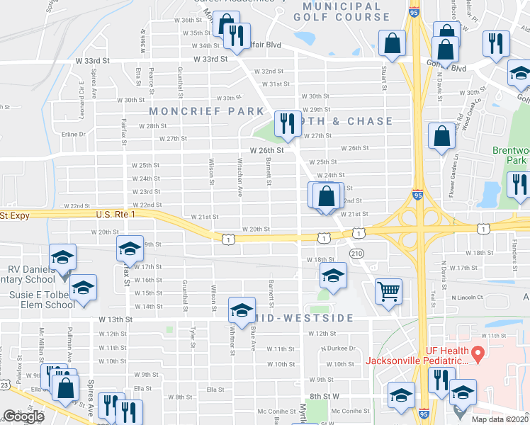 map of restaurants, bars, coffee shops, grocery stores, and more near 1409 West 21st Street in Jacksonville