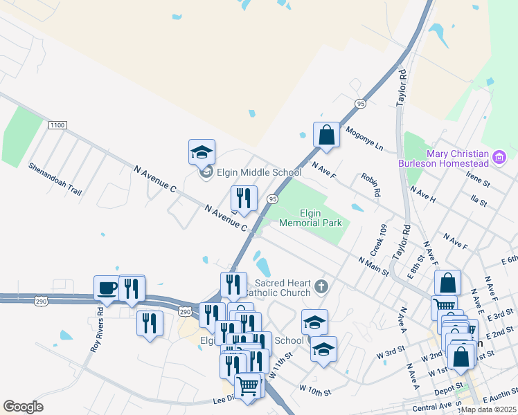 map of restaurants, bars, coffee shops, grocery stores, and more near 103 Stubblefield Drive in Elgin