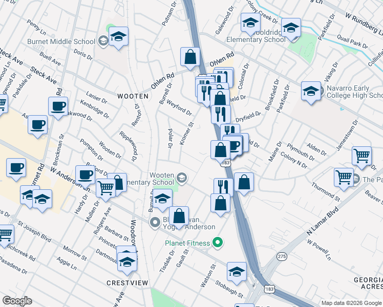 map of restaurants, bars, coffee shops, grocery stores, and more near 1416 Kamar Drive in Austin