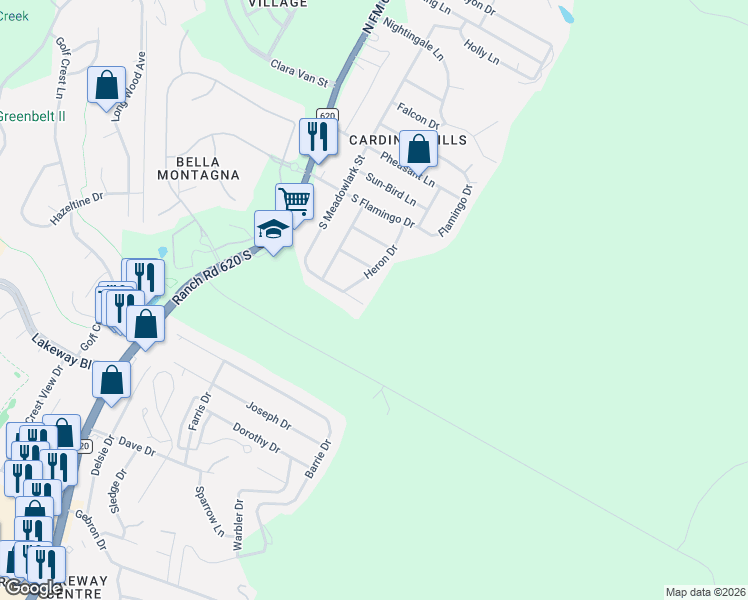 map of restaurants, bars, coffee shops, grocery stores, and more near 527 Meadowlark Street in Lakeway