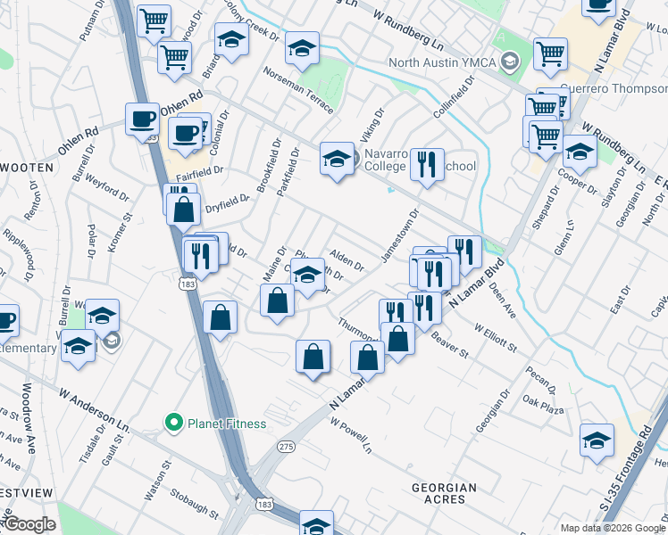 map of restaurants, bars, coffee shops, grocery stores, and more near 1100 Plymouth Drive in Austin