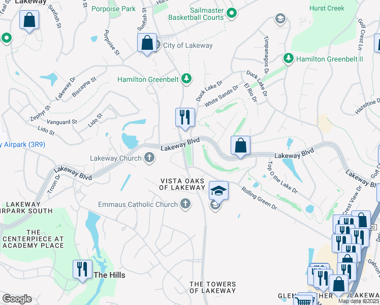 map of restaurants, bars, coffee shops, grocery stores, and more near 2101 Lakeway Boulevard in Lakeway