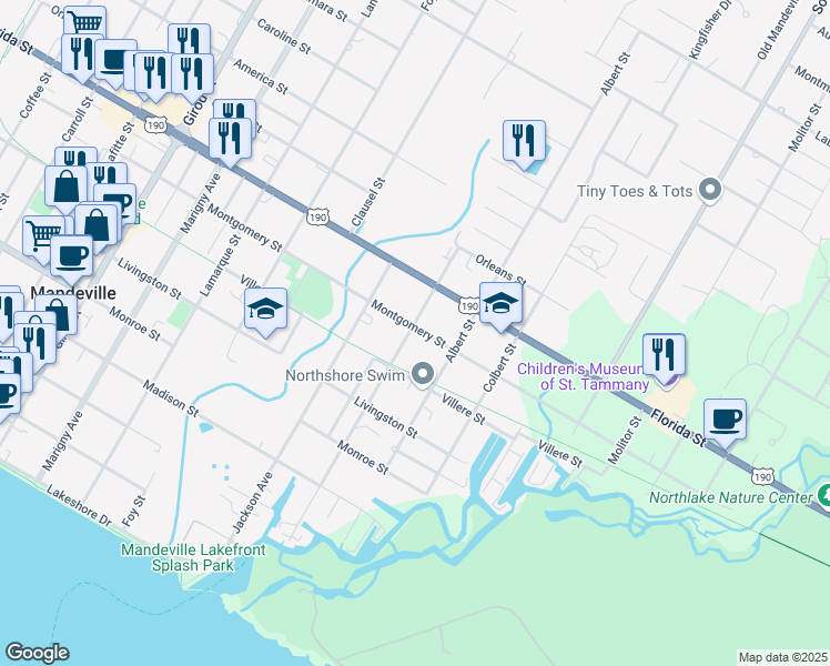 map of restaurants, bars, coffee shops, grocery stores, and more near 737 Atalin Street in Mandeville