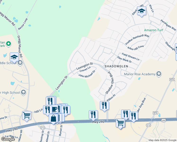 map of restaurants, bars, coffee shops, grocery stores, and more near 16905 Jonse Court in Manor