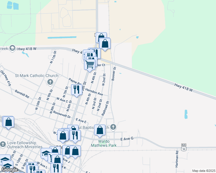 map of restaurants, bars, coffee shops, grocery stores, and more near 1129 Railroad Avenue in Silsbee