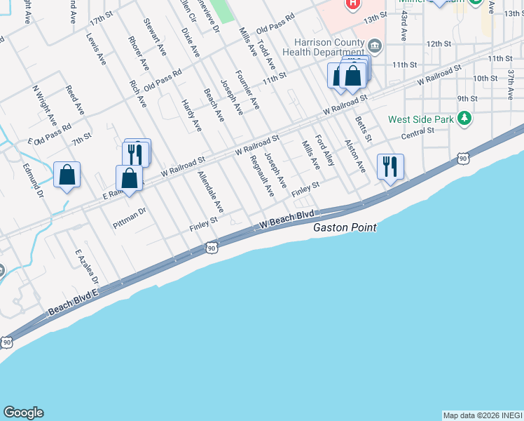 map of restaurants, bars, coffee shops, grocery stores, and more near 4898 Finley St in Gulfport