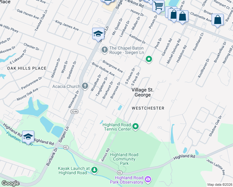 map of restaurants, bars, coffee shops, grocery stores, and more near 1136 Briarrose Drive in Baton Rouge