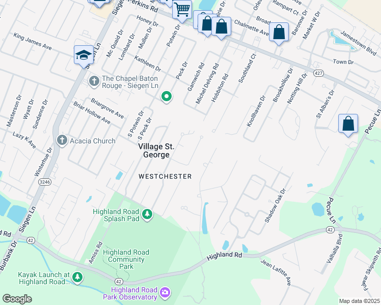 map of restaurants, bars, coffee shops, grocery stores, and more near 703 Highland Knoll Court in Baton Rouge