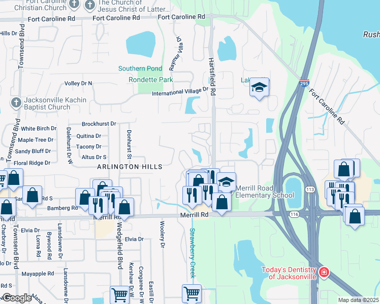 map of restaurants, bars, coffee shops, grocery stores, and more near 7925 Merrill Road in Jacksonville