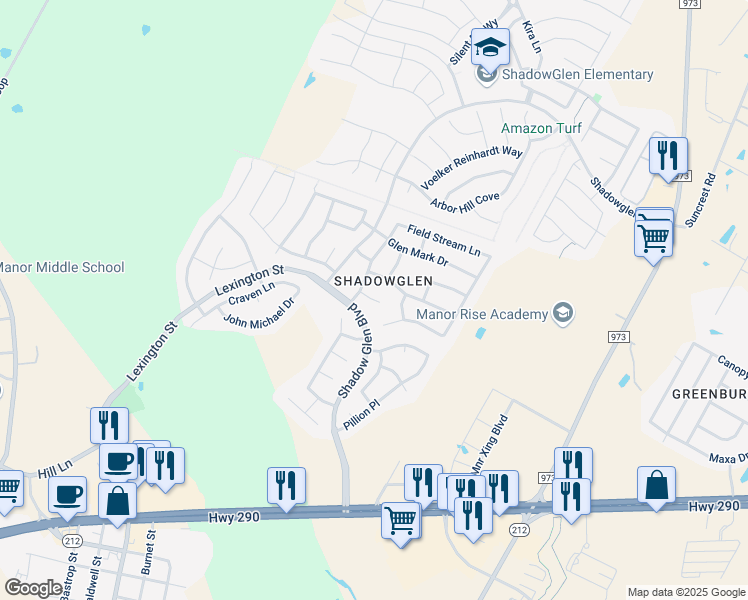 map of restaurants, bars, coffee shops, grocery stores, and more near 13616 Glen Mark Drive in Manor