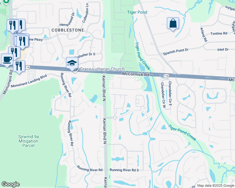 map of restaurants, bars, coffee shops, grocery stores, and more near 12301 Kernan Forest Boulevard in Jacksonville