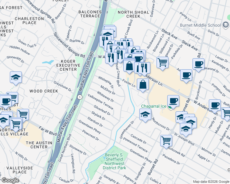map of restaurants, bars, coffee shops, grocery stores, and more near 3004 McElroy Drive in Austin