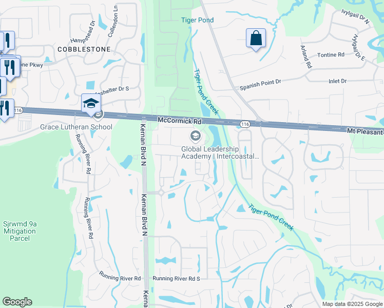 map of restaurants, bars, coffee shops, grocery stores, and more near 12407 Forest Lake Circle East in Jacksonville