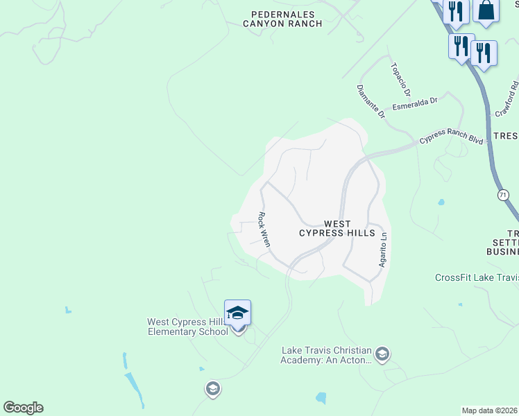 map of restaurants, bars, coffee shops, grocery stores, and more near 22112 Rock Wren Road in Spicewood