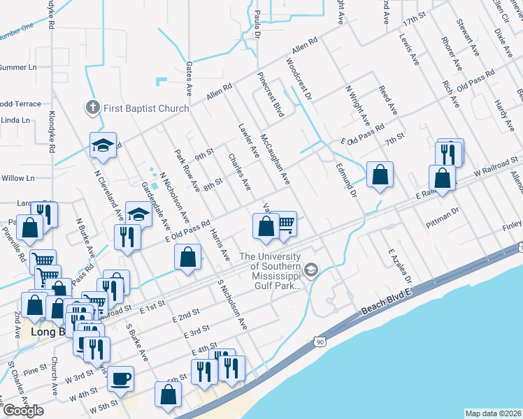 map of restaurants, bars, coffee shops, grocery stores, and more near 121 Valentine Drive in Long Beach